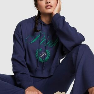 New Victorias Secret PINK Everyday Fleece Navy Blue Cropped Hoodie Size X-Large